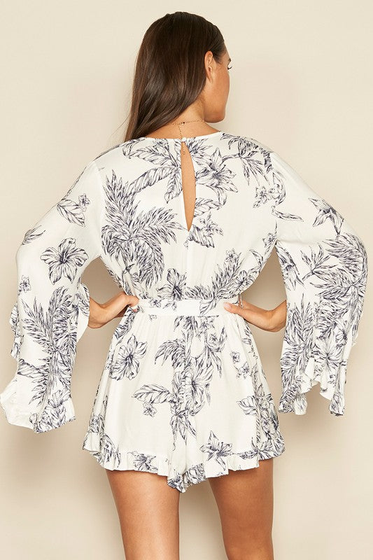 Fashion White Navy Floral Print Ruffle Tie-Up Romper