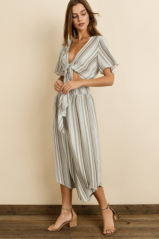 Fashion Light Blue Stripe Multi-Color Front Tie-Up Top