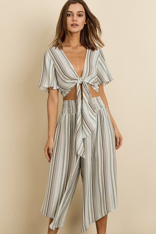 Fashion Light Blue Stripe Multi-Color Wide Leg Pants