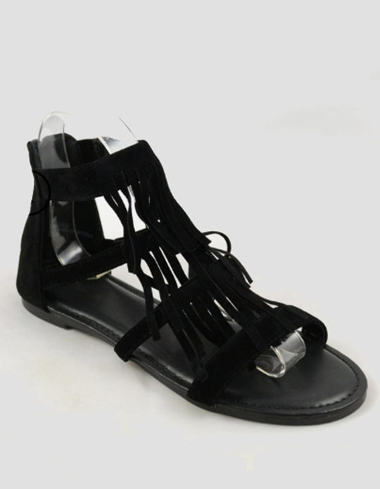 Fashion Layer Black Fringe Suede Flat