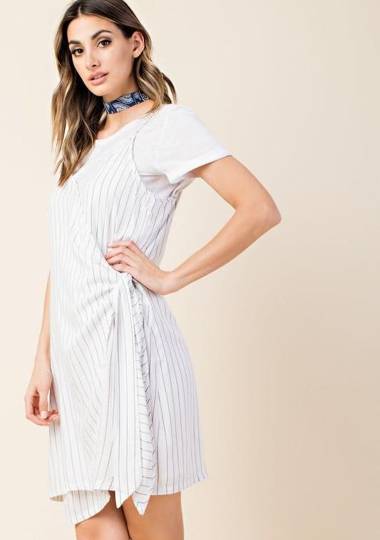 Summer Grey Striped Tie-Up White Dress