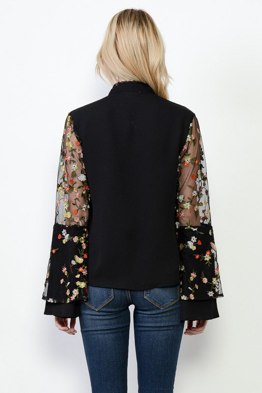 Elegant Floral Embroideries Bell Sleeve Black Shirt