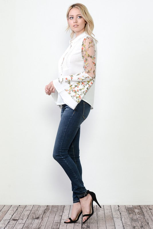 Elegant Floral Embroideries Bell Sleeve White Shirt