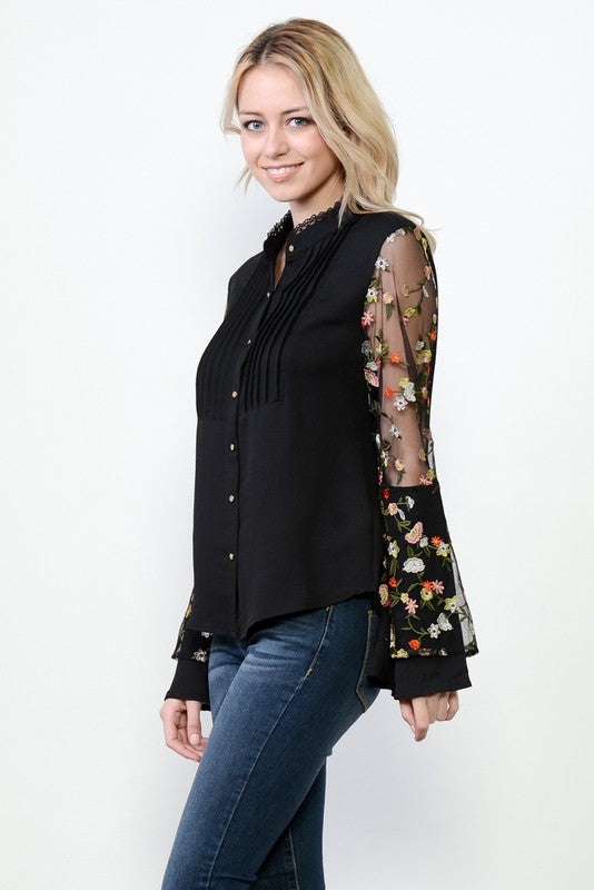 Elegant Floral Embroideries Bell Sleeve Black Shirt