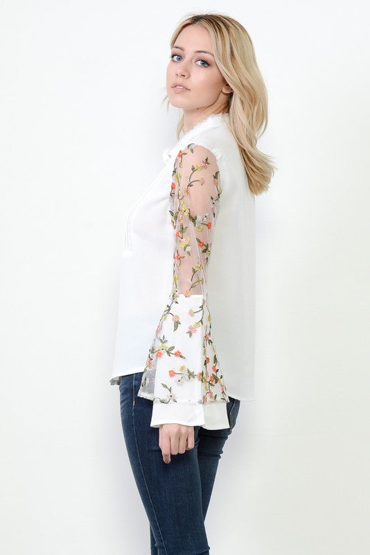 Elegant Floral Embroideries Bell Sleeve White Shirt