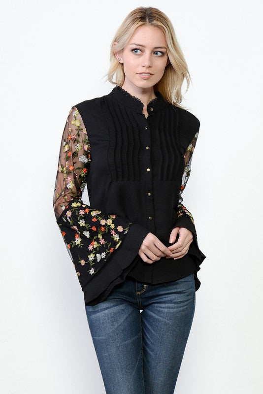 Elegant Floral Embroideries Bell Sleeve Black Shirt