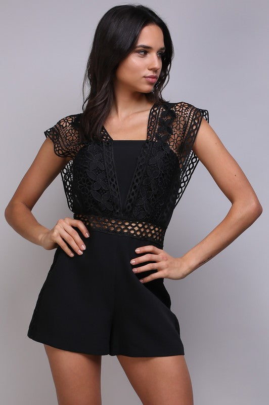 Elegant Black Lace Romper with Band Sleeve Detailed