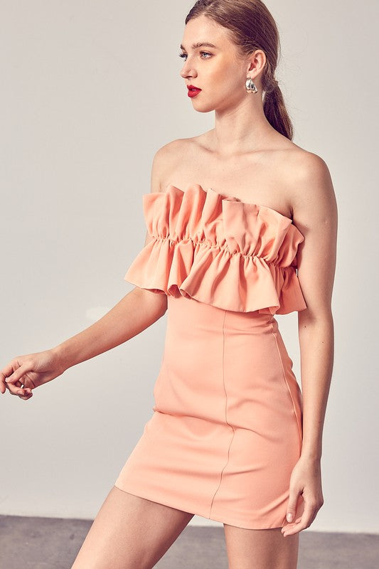 Fashion Strapless Apricot Ruffle Back Tie-Up Dress