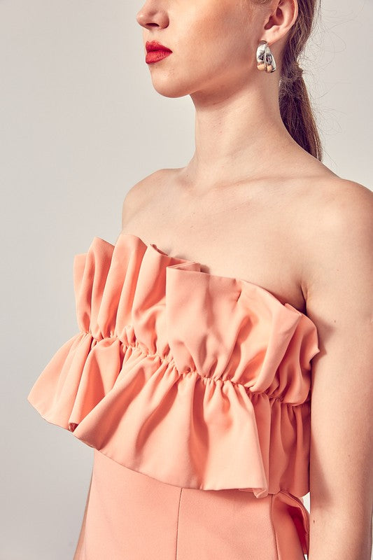 Fashion Strapless Apricot Ruffle Back Tie-Up Dress