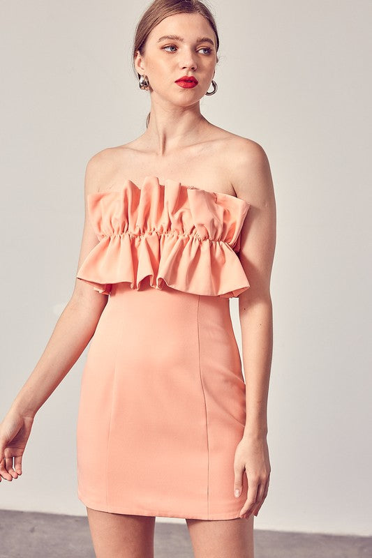 Fashion Strapless Apricot Ruffle Back Tie-Up Dress