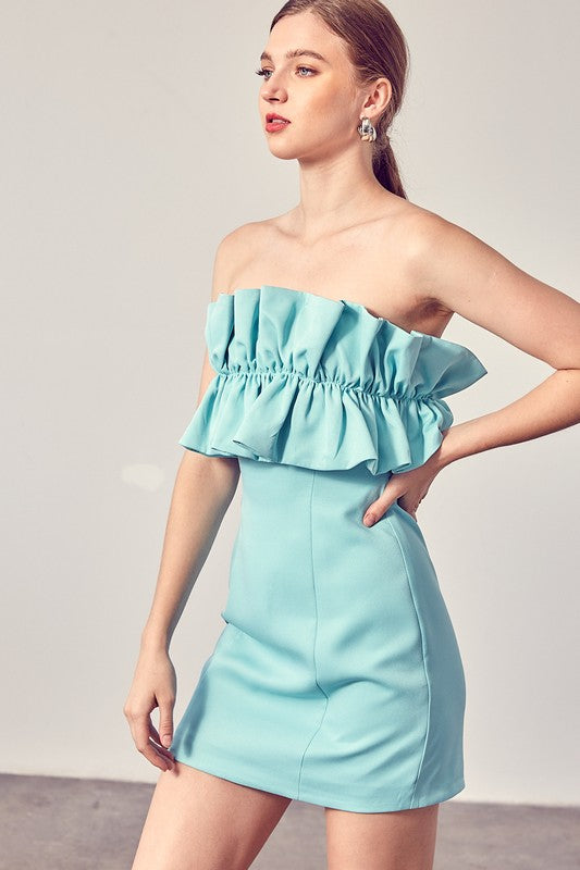 Fashion Strapless Light Aqua Ruffle Back Tie-Up Dress