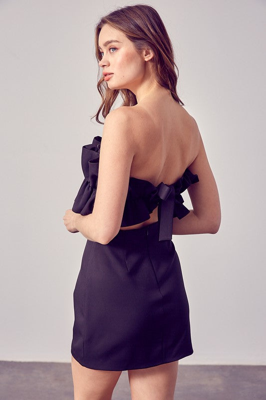 Fashion Strapless Black Ruffle Back Tie-Up Dress