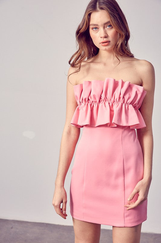 Fashion Strapless Pink Ruffle Back Tie-Up Dress