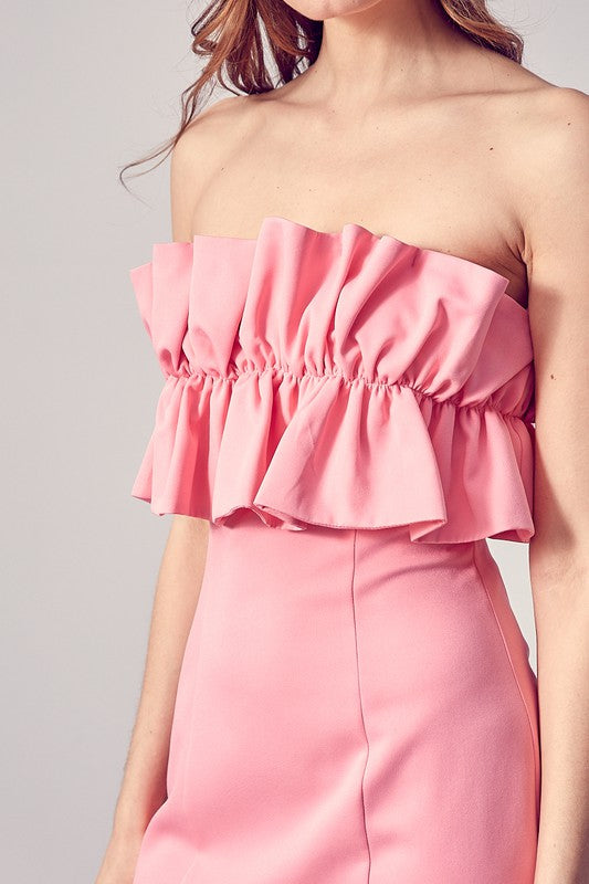 Fashion Strapless Pink Ruffle Back Tie-Up Dress
