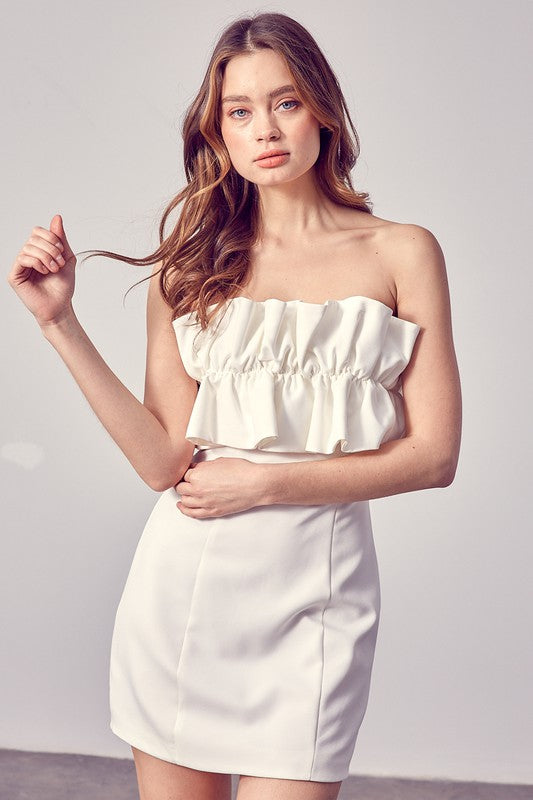 Fashion Strapless White Ruffle Back Tie-Up Dress