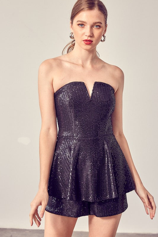 Elegant Strapless Ruffle Black Sequence Romper
