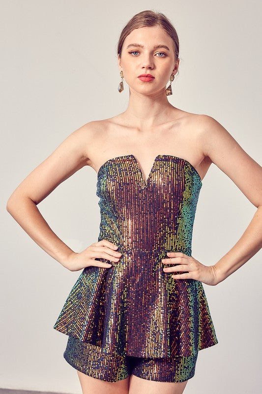 Elegant Strapless Ruffle Multi-Color Sequence Romper