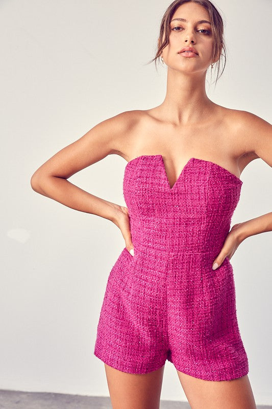 Elegant Strapless Deep Pink Textured Detailed Romper