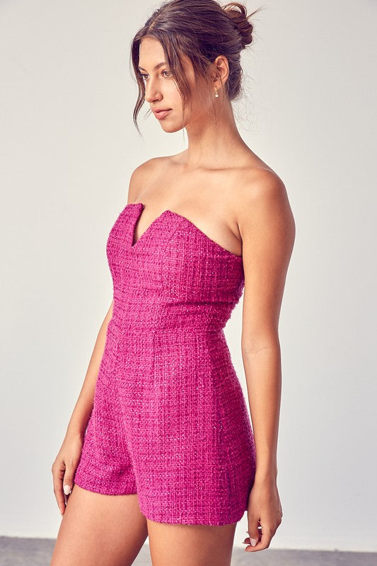 Elegant Strapless Deep Pink Textured Detailed Romper