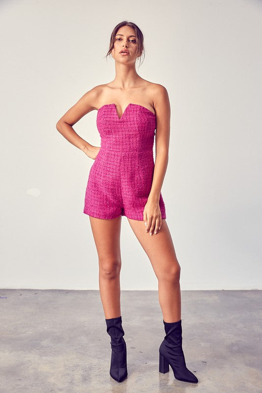 Elegant Strapless Deep Pink Textured Detailed Romper