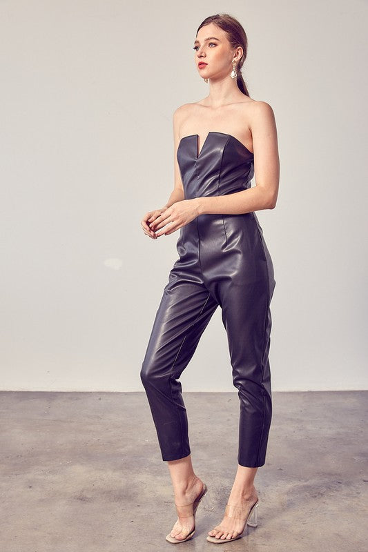Elegant Strapless Faux Leather Black Crop Jumpsuit