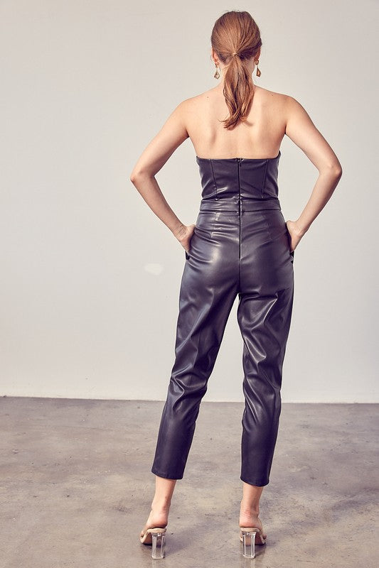 Elegant Strapless Faux Leather Black Crop Jumpsuit