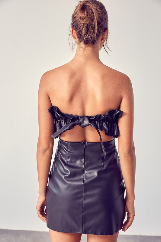 Elegant Strapless Faux Leather Black Ruffle Back Tie-Up Dress