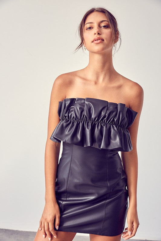 Elegant Strapless Faux Leather Black Ruffle Back Tie-Up Dress