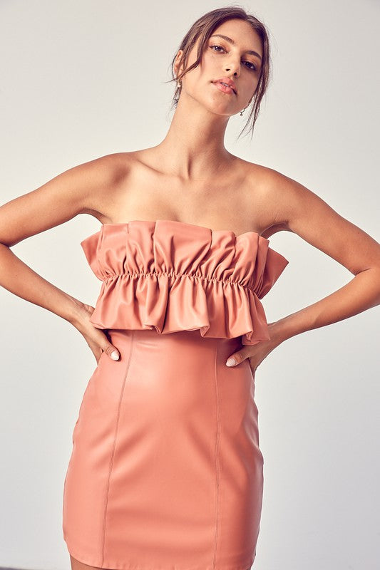 Elegant Strapless Faux Leather Dry Rose Ruffle Back Tie-Up Dress