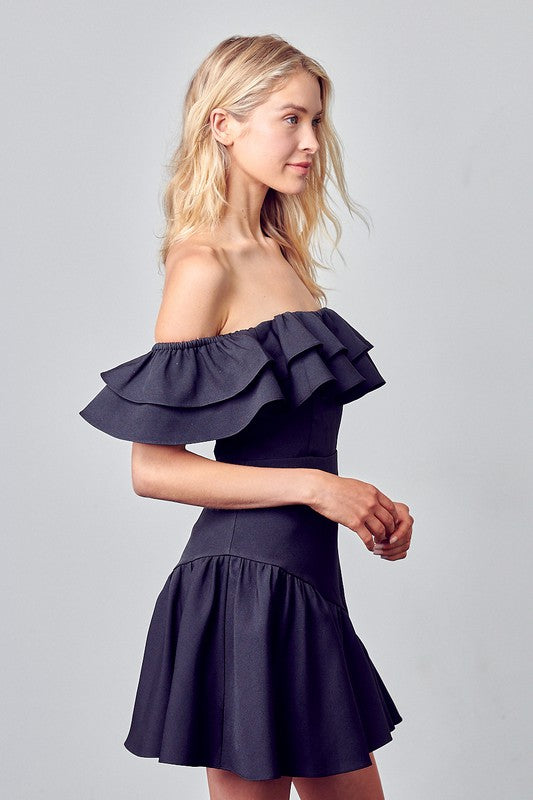 Elegant Off Shoulder Black Ruffle Dress