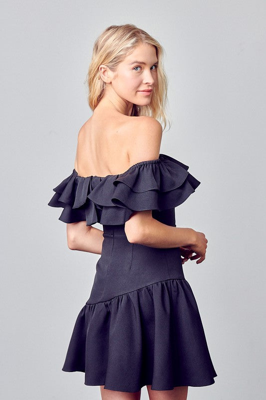 Elegant Off Shoulder Black Ruffle Dress