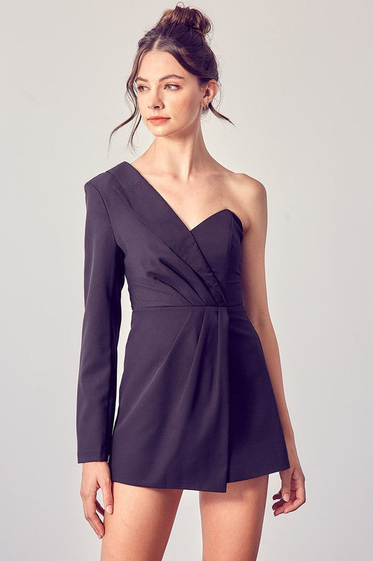 Elegant Black One Shoulder Blazer Detailed Romper