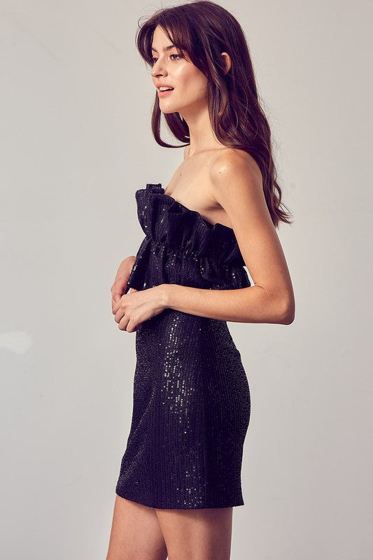Elegant Strapless Sequence Black Ruffle Dress