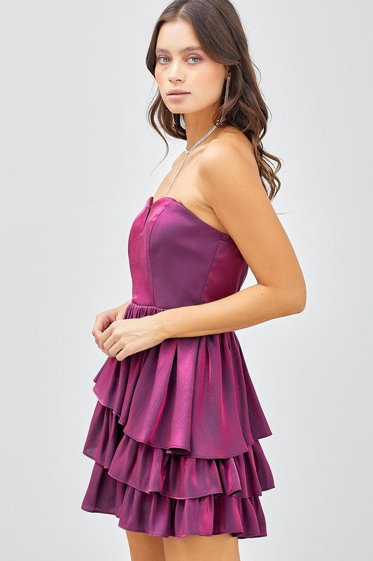Elegant Strapless V-Neck Deep Berry Satin Ruffle Dress