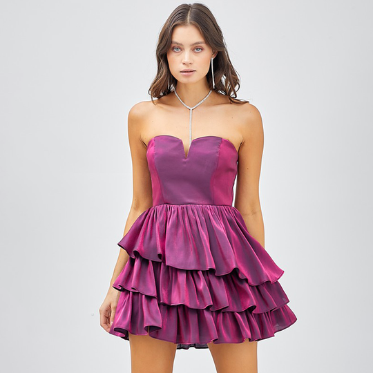 Elegant Strapless V-Neck Deep Berry Satin Ruffle Dress