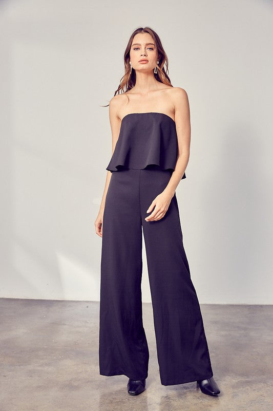 Elegant Strapless Black Ruffle Wide Leg Jumpsuit