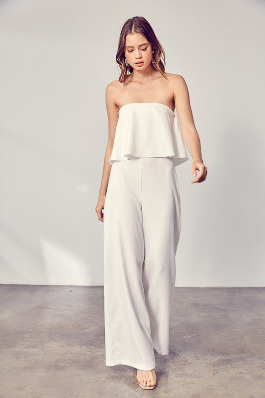 Elegant Strapless White Ruffle Wide Leg Jumpsuit