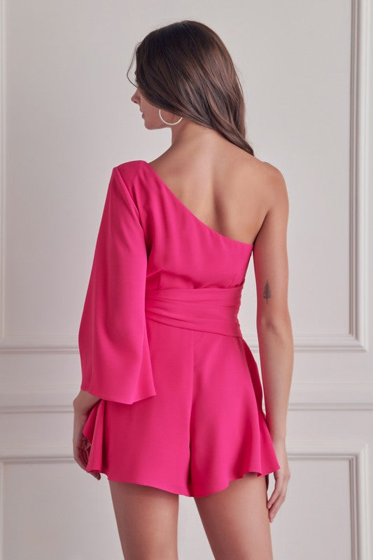 Elegant Hot Pink One Shoulder Side Tie Romper