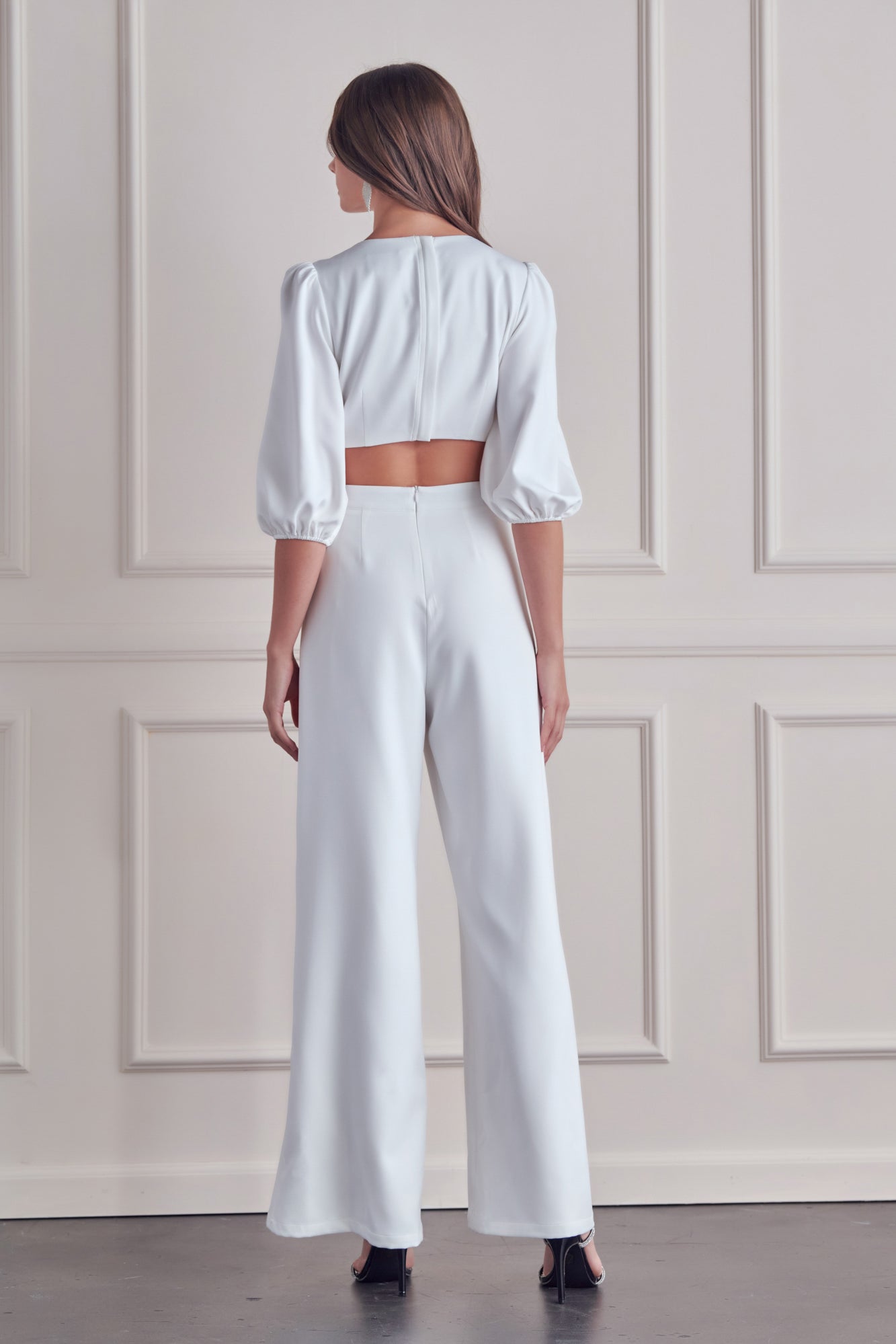 Elegant Off White Cut-Out Wide Leg Jumpsuit with Bell Sleeve
