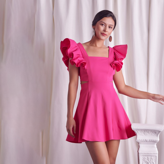 Fashion Hot Pink Band Ruffle Sleeve Detailed Cut-Out Dress