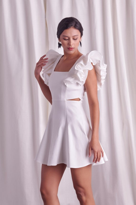 Fashion White Band Ruffle Sleeve Detailed Cut-Out Dress