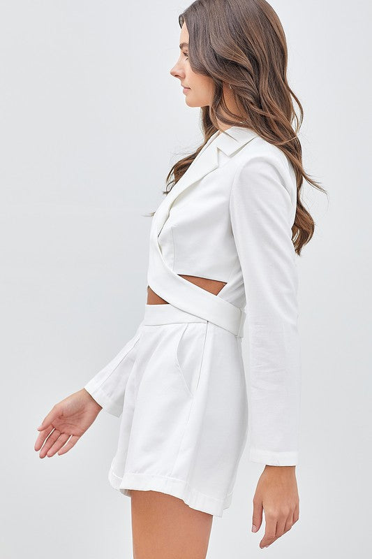 Fashion White Cut-Out Romper with Long Sleeve