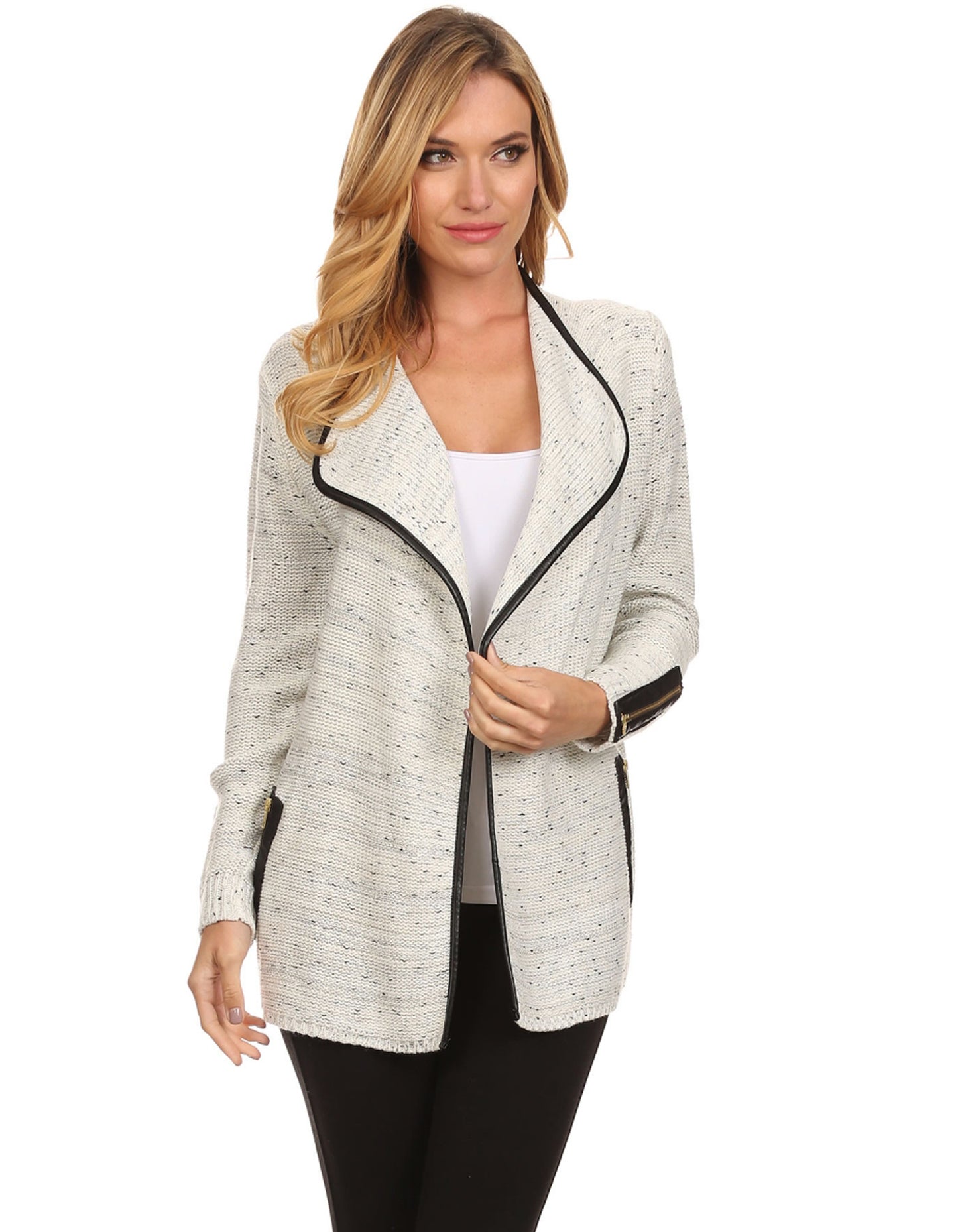 Glitter Textured White Cardigan with Zipper Detailed