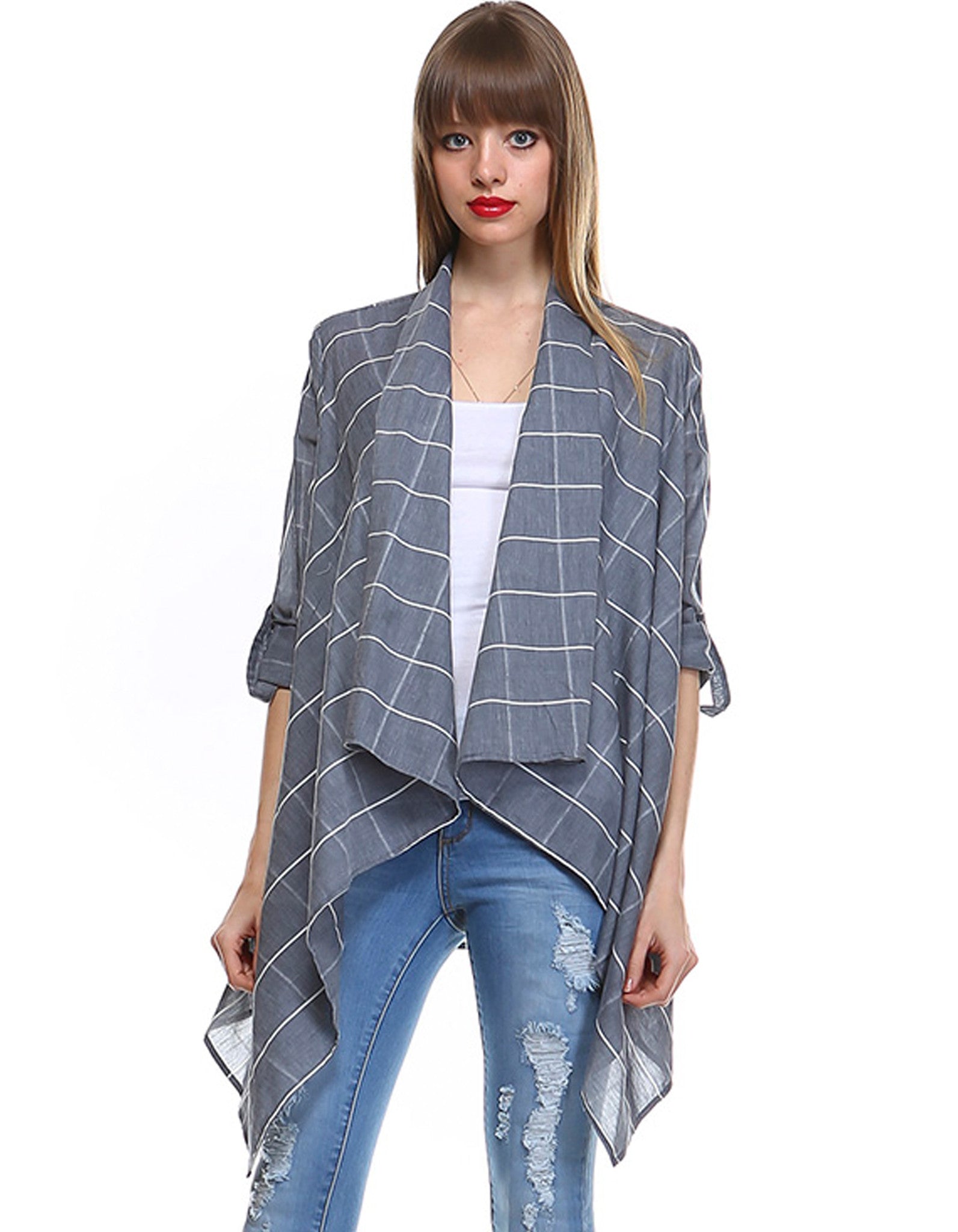 Grey Roll Up Sleeves Checkered Cardigan