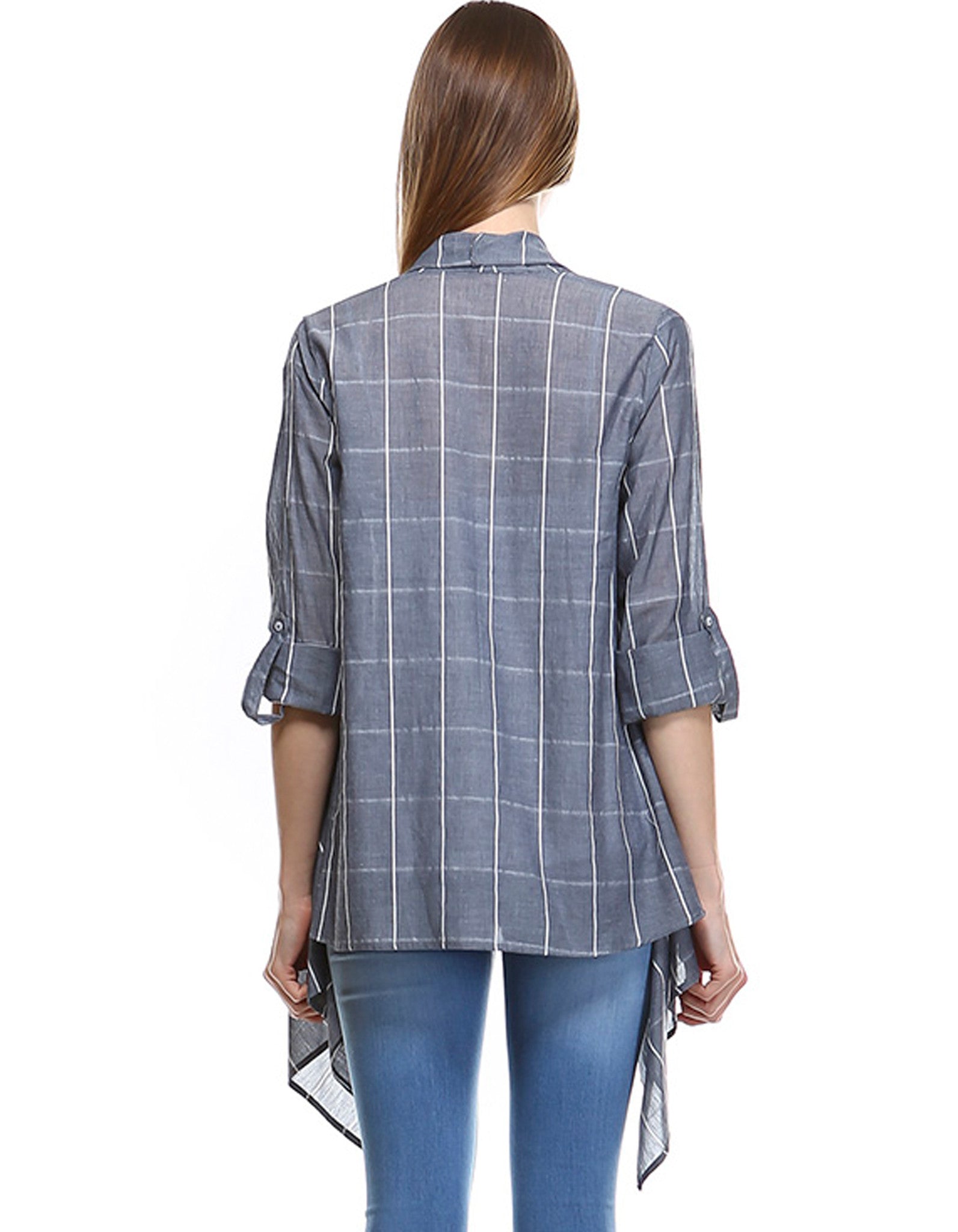 Grey Roll Up Sleeves Checkered Cardigan