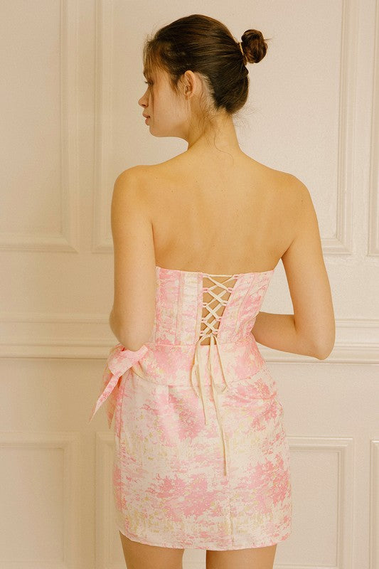 Elegant Pink Yellow Floral Print Strapless Tie-Up Boning Detailed Corset Mini Dress