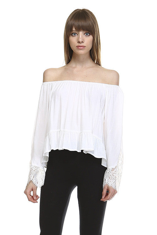 Off Shoulder White Lace Sleeve Top