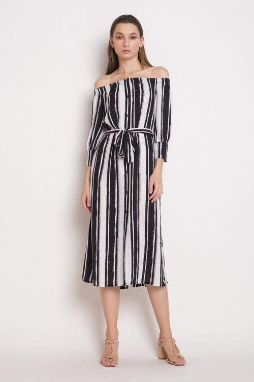 Fashion Off Shoulder White Striped Black Dress