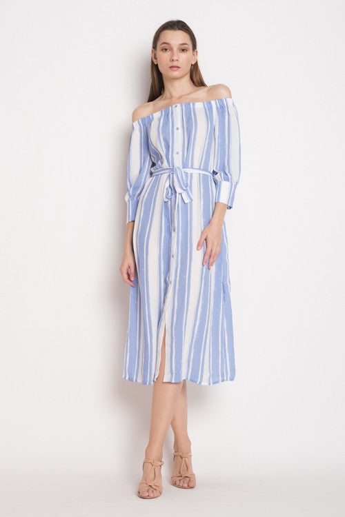 Fashion Off Shoulder White Striped Blue Dress