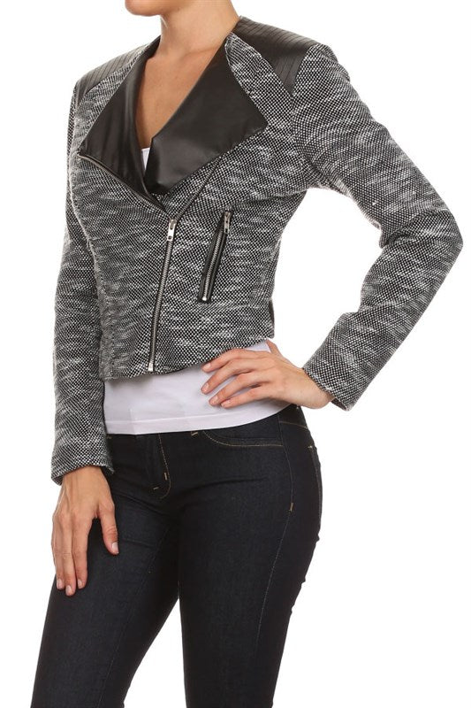 Fashion Grey Moto Jacket with Shoulder Trim Detailed